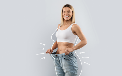 happy woman showing off weight loss