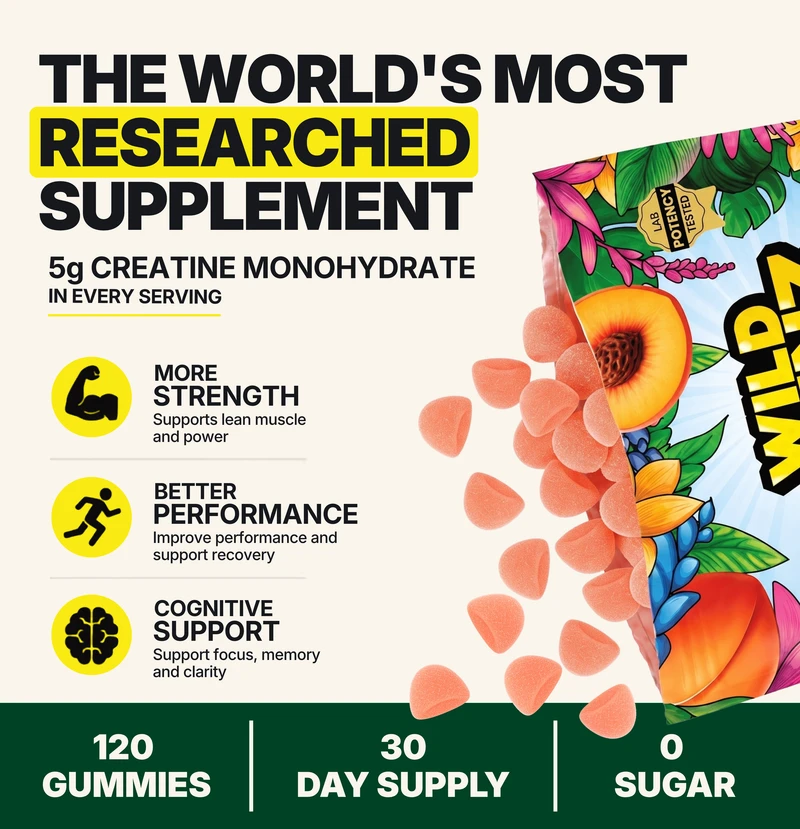 Wild Gainz Creatine Gummies Peach Flavor Sugar Free